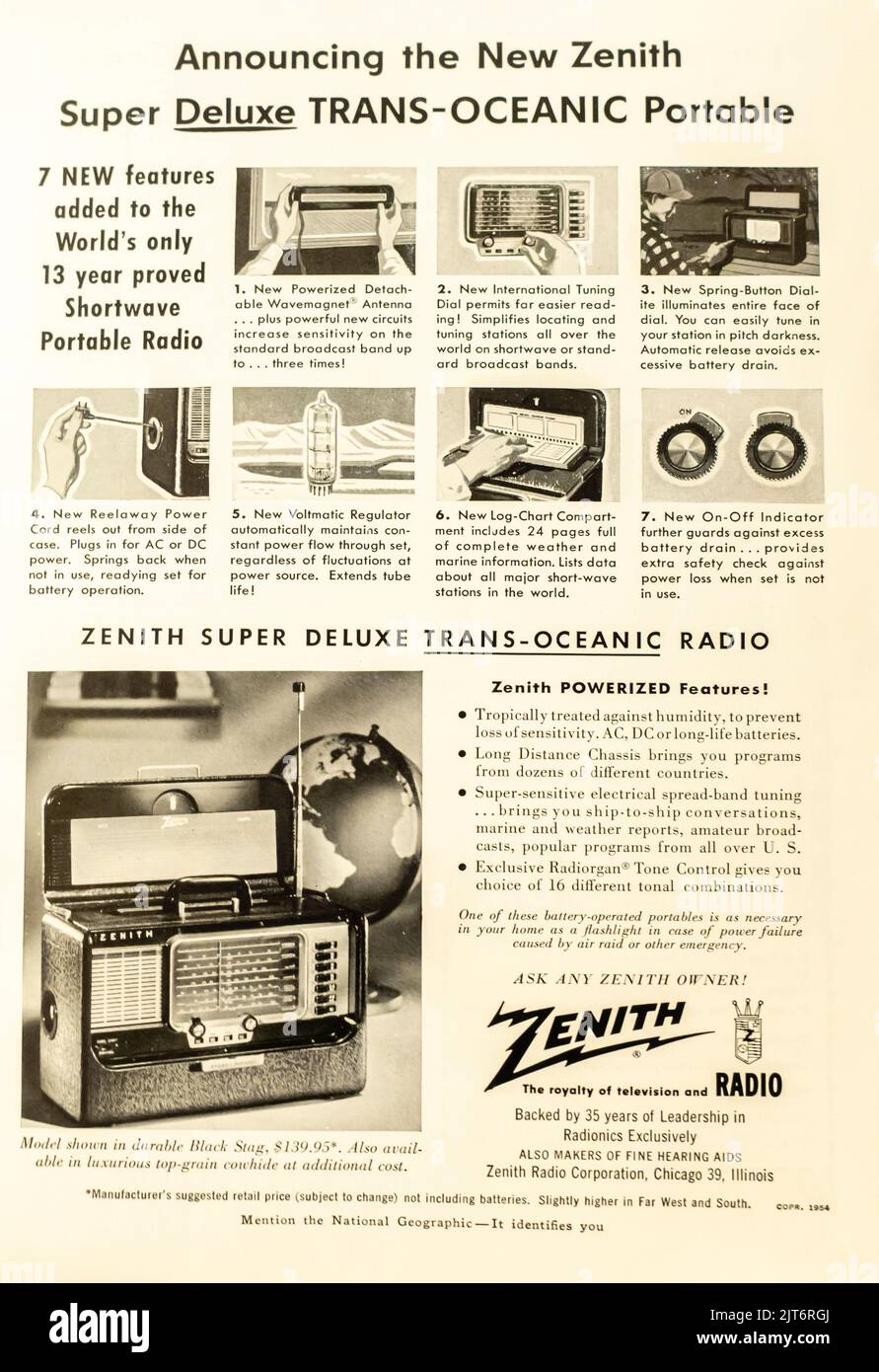 Zenith portable radio advertisement placed inside NatGeo magazine, 1954 Stock Photo
