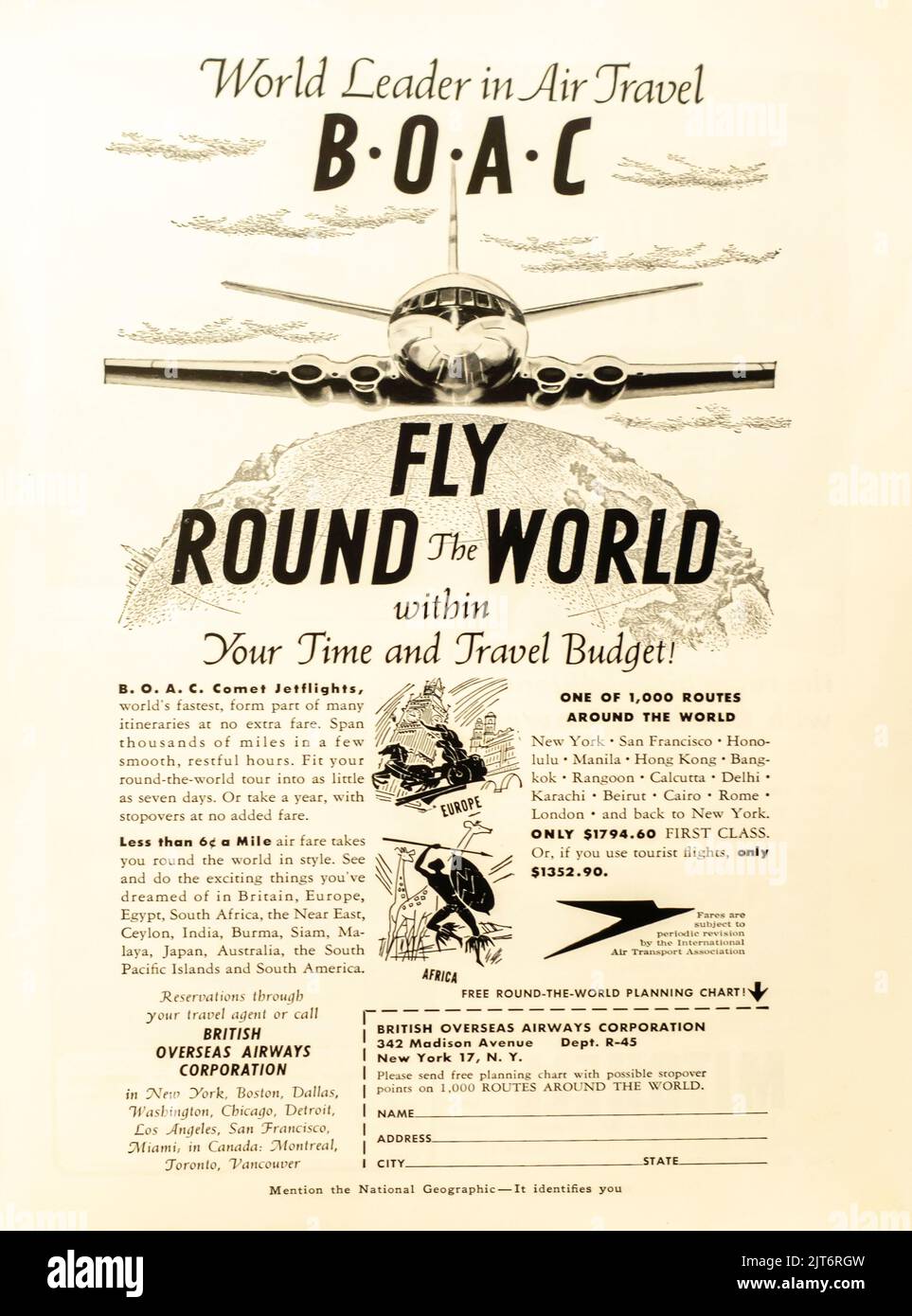 British overseas airways corporation advertisement placed inside NatGeo magazine, 1954 Stock Photo