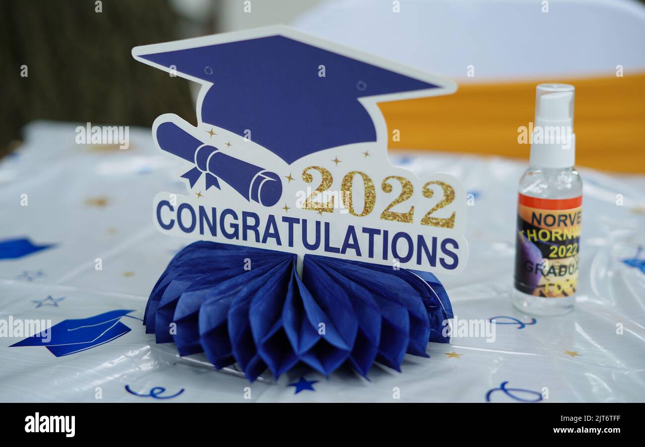 A closeup shot of high school graduation party decorations on a table Stock Photo
