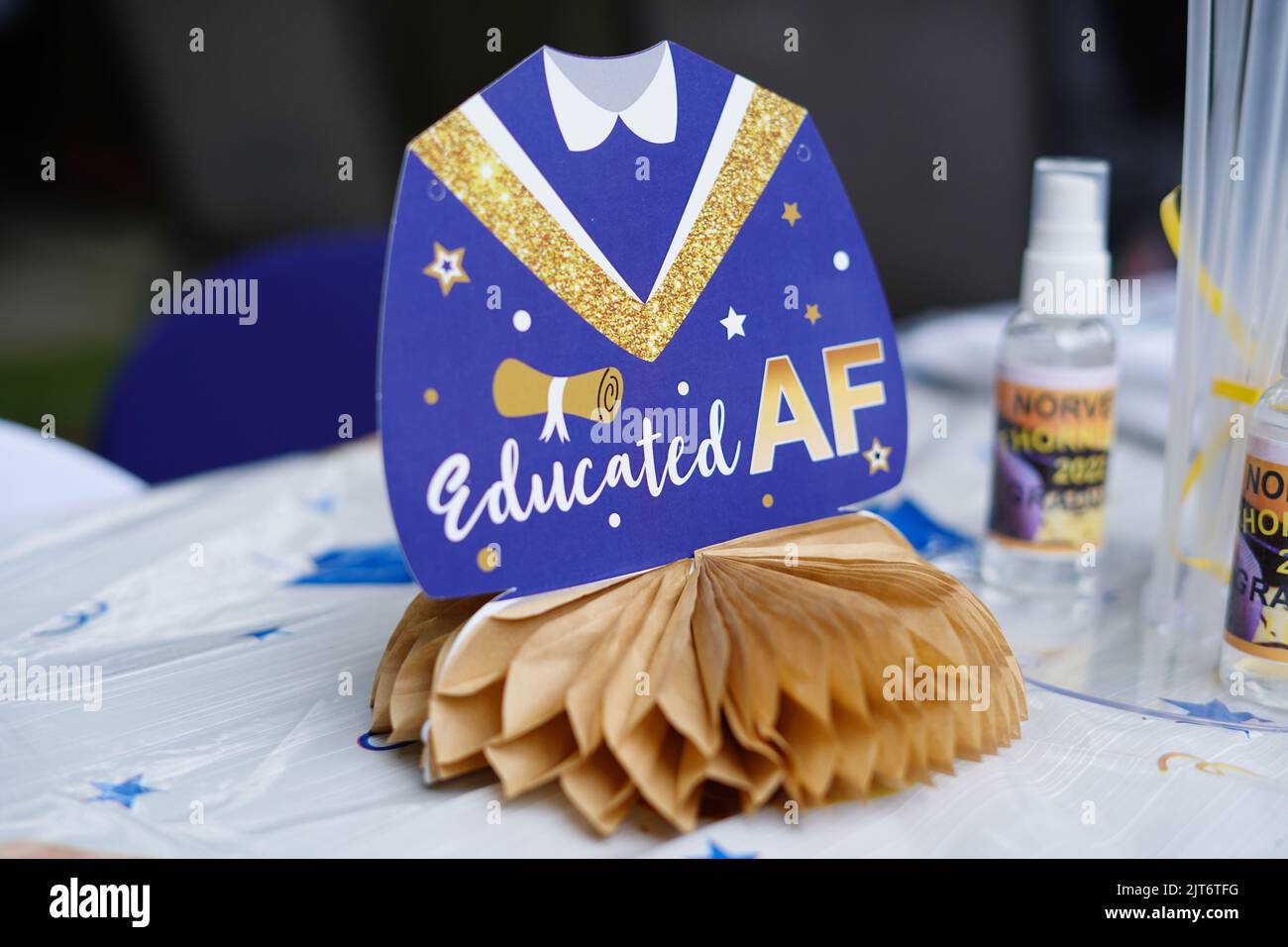 A closeup shot of high school graduation party decorations on a table Stock Photo