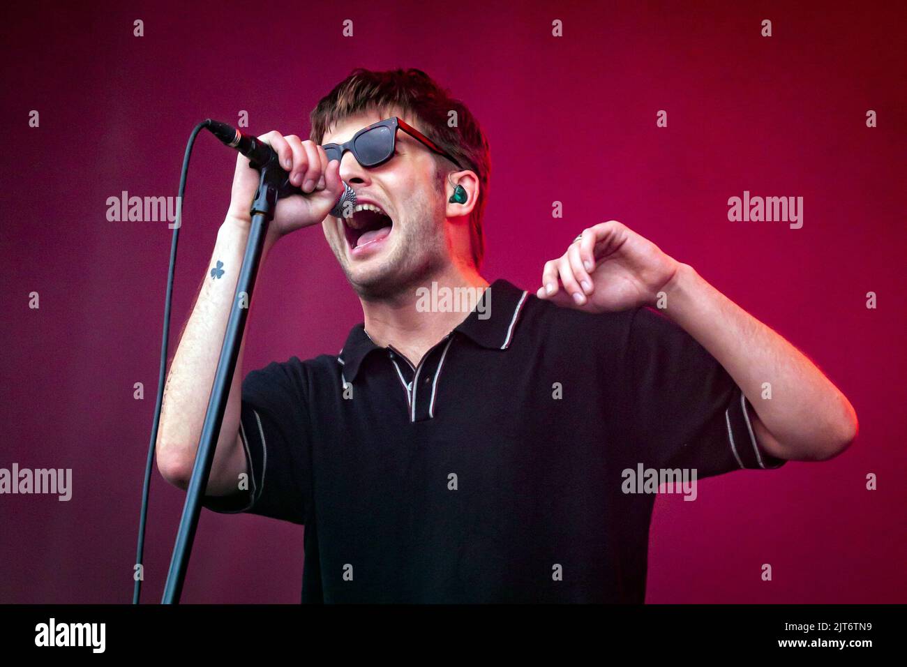 Grian Chatten performs with his band Dontaines D.C. during the Leeds Festival 2022 at Bramham Park in Leeds. Picture date: Sunday August 28, 2022. Stock Photo