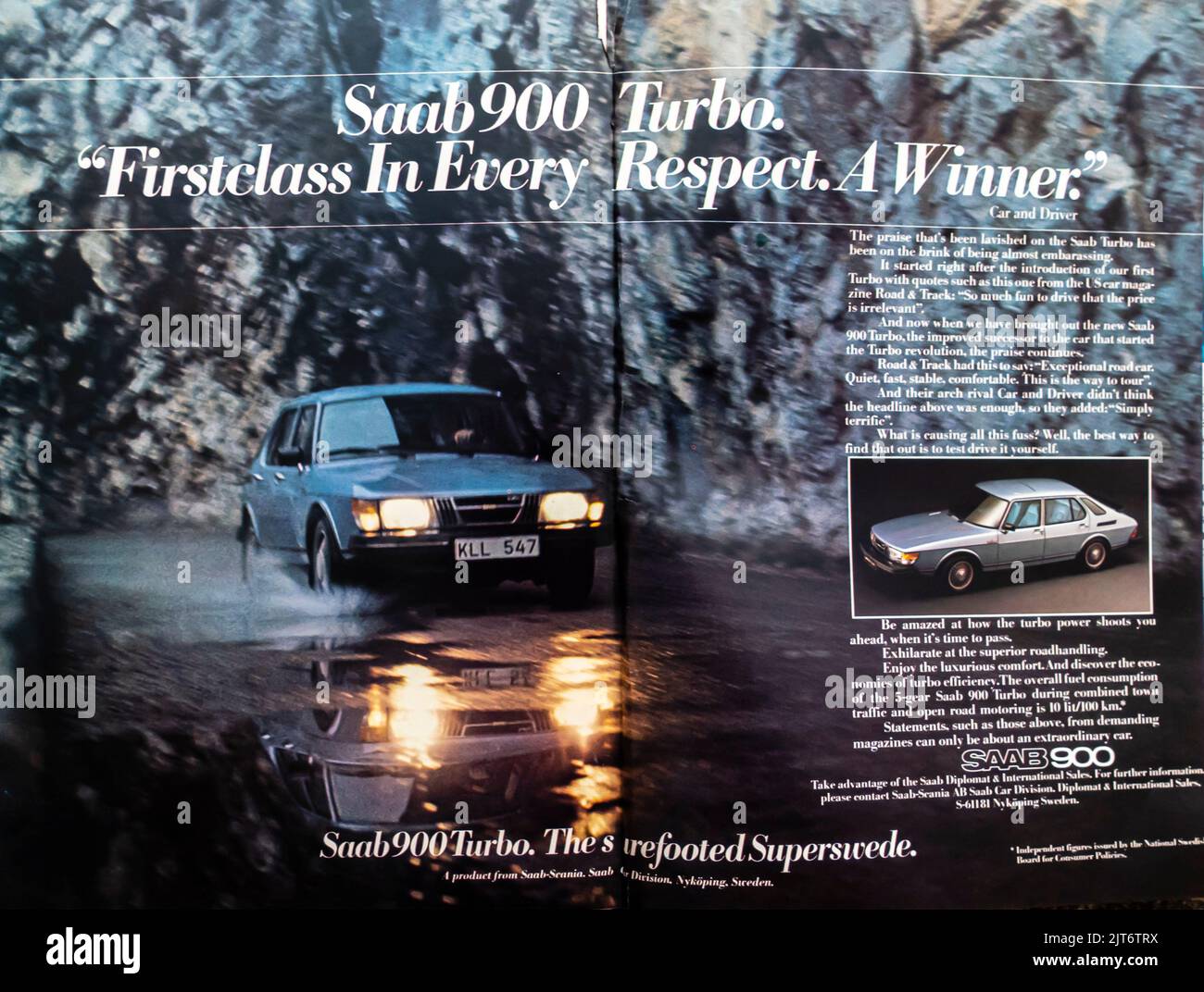 Saab 900 turbo cars advertisement placed inside NatGeo magazine, November 1980 Stock Photo