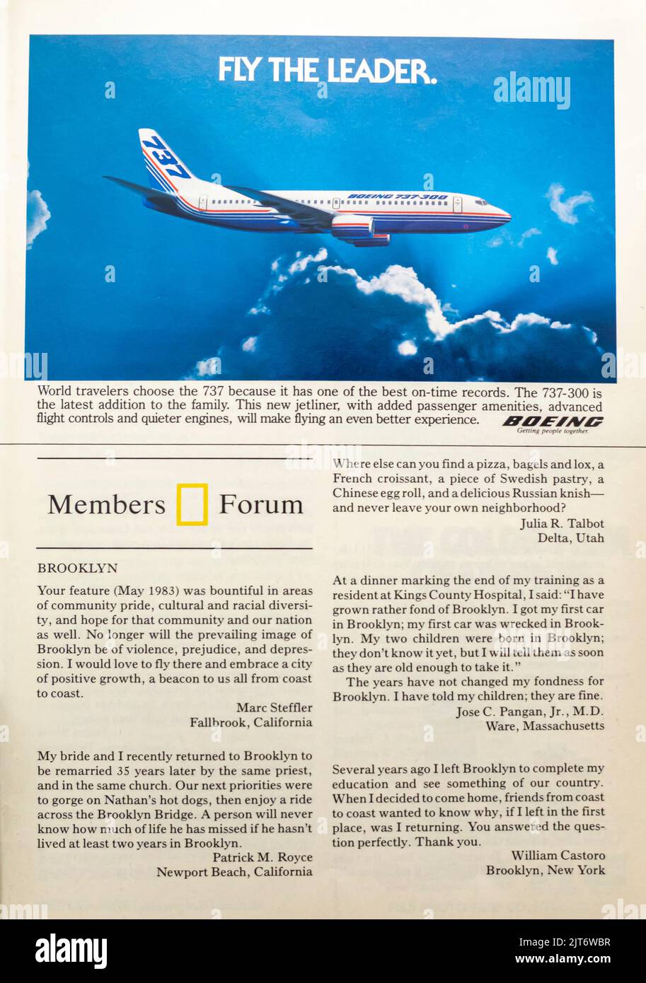 Boeing 737 fly the leader dvertisement placed inside NatGeo magazine< September 1983 Stock Photo