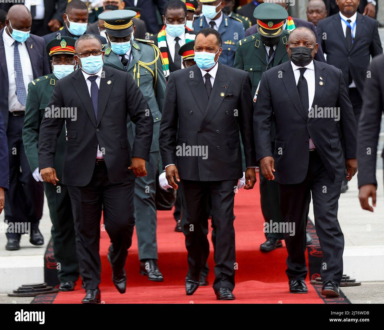 Guinea-Bissau's President Umaro Sissoco Embalo, Republic of Congo's President Denis Sassou Nguesso and South Africa's President Cyril Ramaphosa arrive for the funeral of Angola's former President Jose Eduardo dos Santos who died in Spain in July, at the Agostinho Neto Memorial, in Luanda, Angola, August 28, 2022. REUTERS/Siphiwe Sibeko Stock Photo