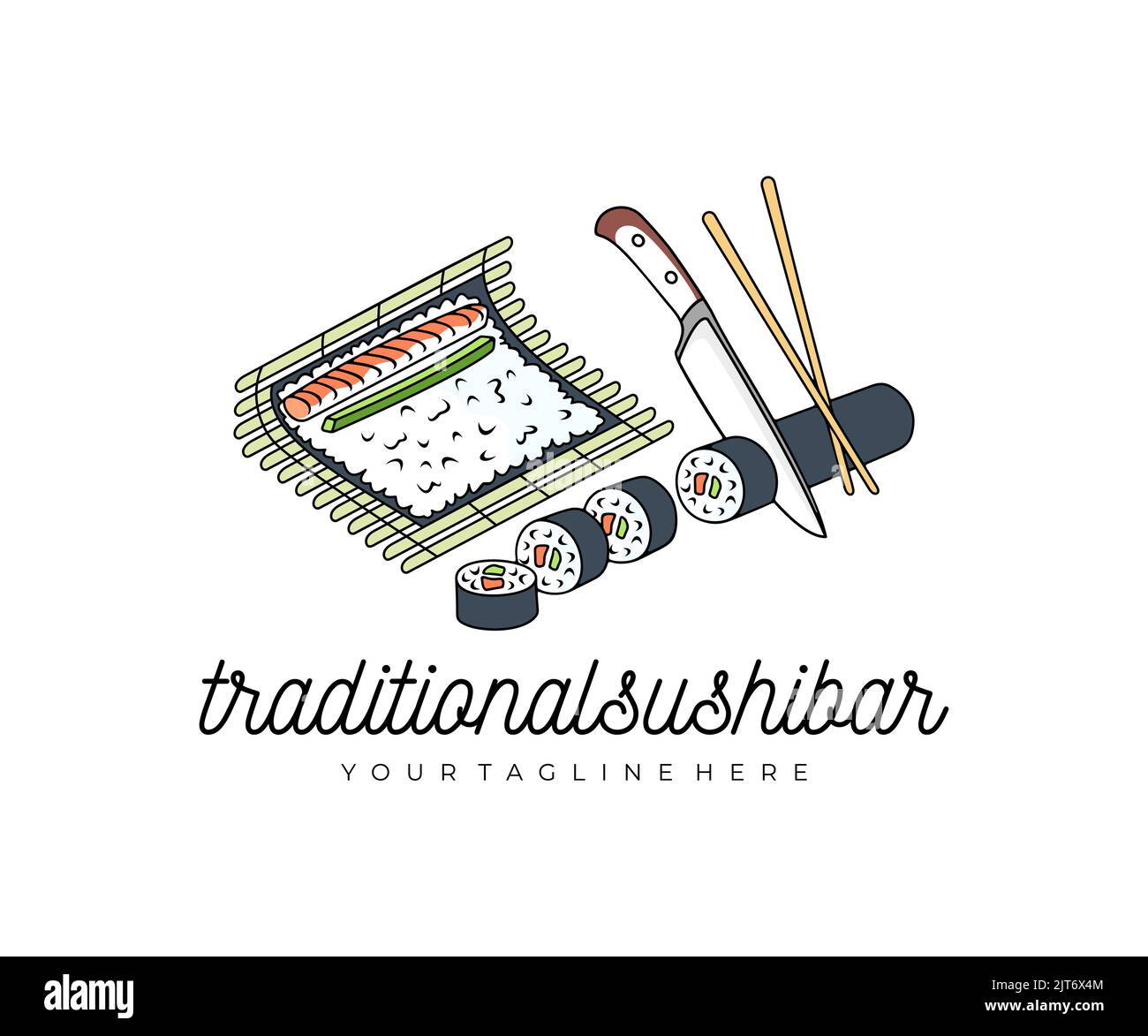 Sushi cooking, fish, avocado, rice and nori sheet on the mat, logo design. Cutting sushi rolls with knife and chopsticks, vector design Stock Vector