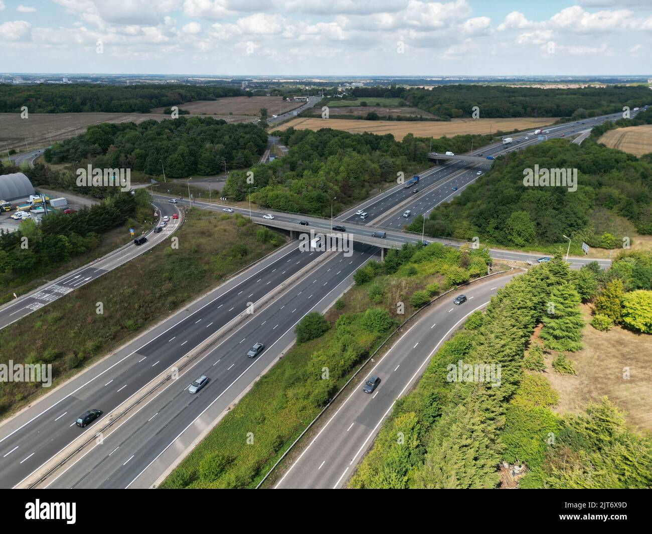 Hastingwood Interchange Junction On M11 Harlow Essex UK Drone Aerial hastingwood-interchange-junction-on-m11-harlow-essex-uk-drone-aerial