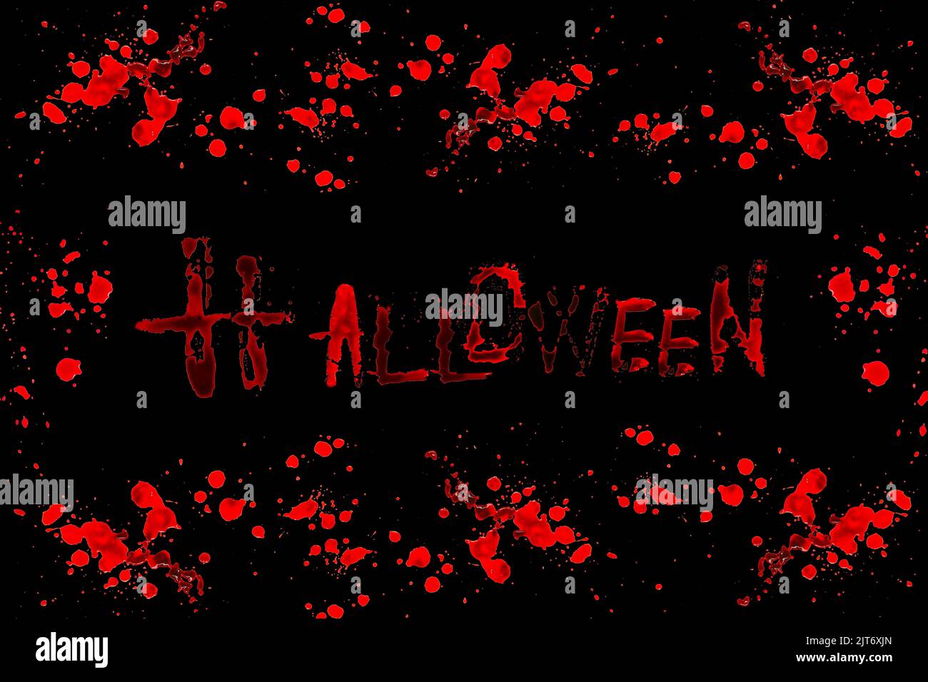 halloween.Bloody inscription Halloween in a bloody frame isolated on a black background.bloody alphabet.Halloween alphabet. Letters written in blood.  Stock Photo