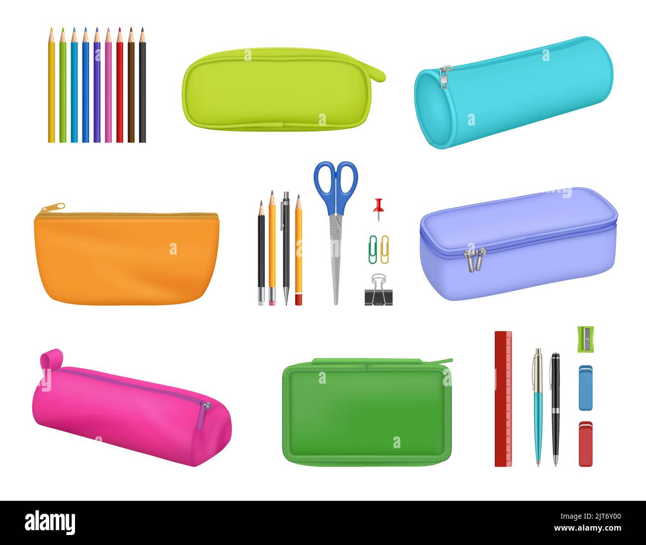 Stationery cases. School pens brushes in colored pencil cases for education decent vector