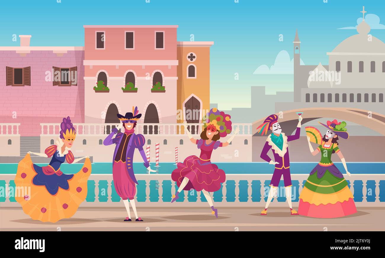 Carnival background. Venetian entertainment fashioned characters dancing in beautiful costumes and masks exact vector colored template Stock Vector