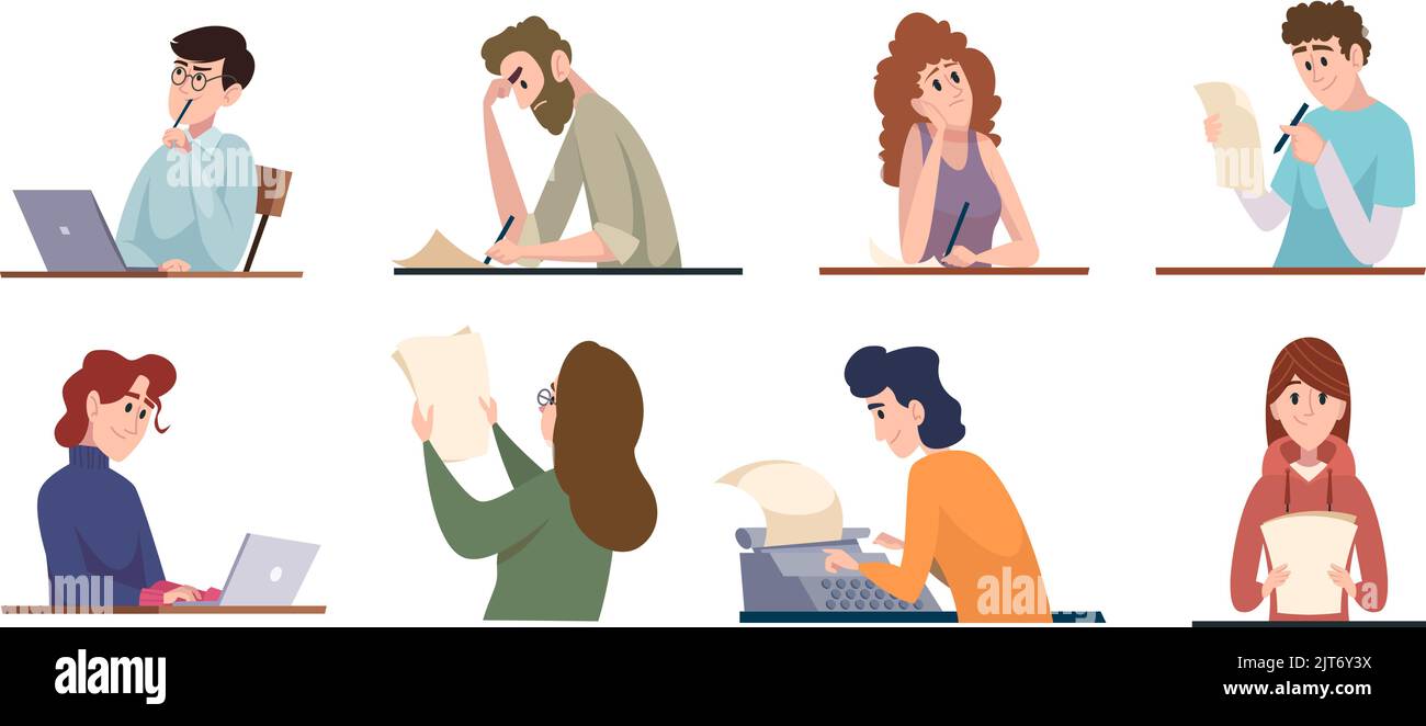 People writers. Creative copywriters typing articles and books computing bloggers freelancers exact vector cartoon characters writers Stock Vector