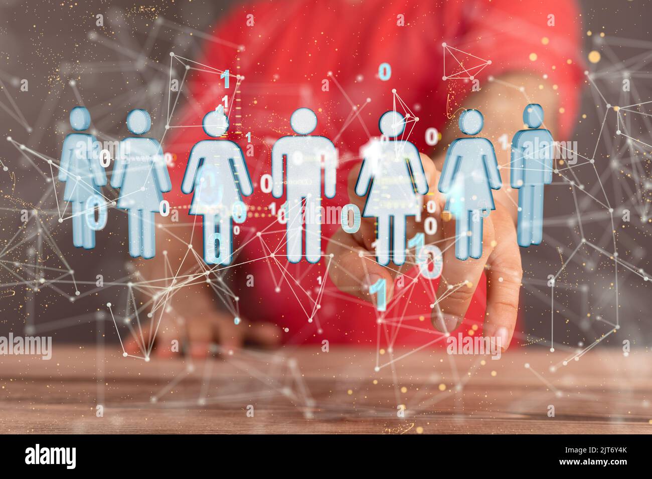 A businessman presenting the 3D rendered person icons in a cyberspace ...