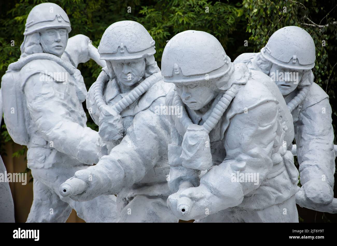 Monument in memory of the first liquidators of Chernobyl, the firemen. Chernobyl exclusion zone, Ukraine Stock Photo