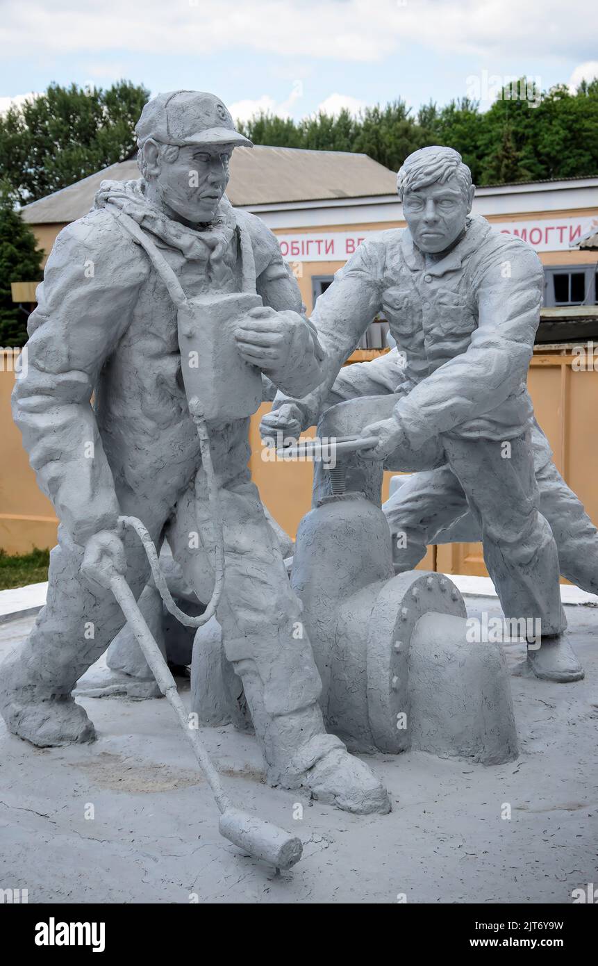 Monument in memory of the first liquidators of Chernobyl, the firemen. Chernobyl exclusion zone, Ukraine Stock Photo