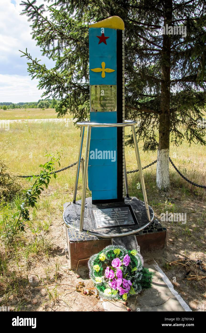 Monument in memory of the victims of the helicopter crash that occurred in 1986 in Prypiat, Chernobyl exclusion zone, Ukraine Stock Photo