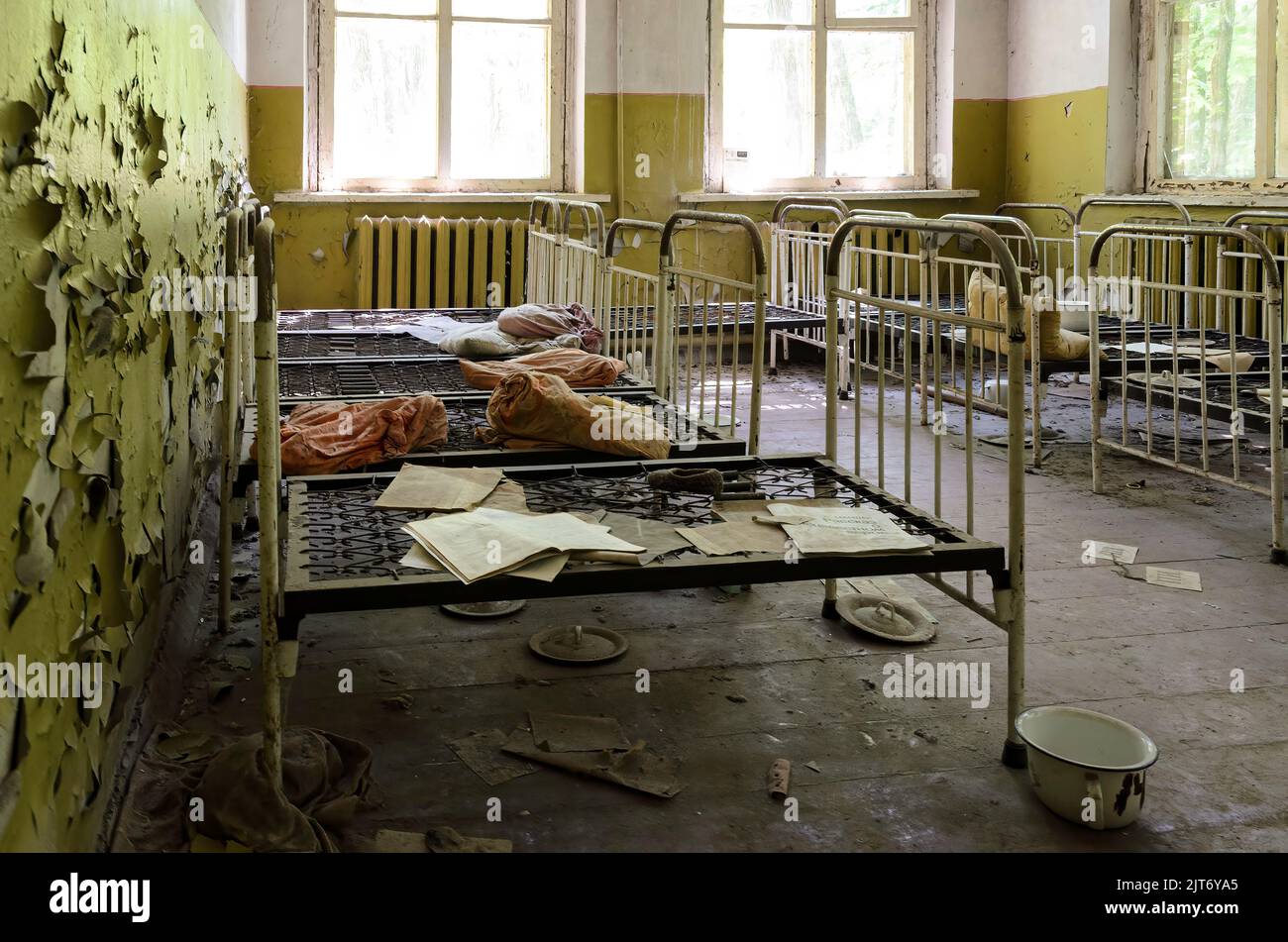 Children dormitory in Prypiat school, Chernobyl exclusion zone, Ukraine Stock Photo