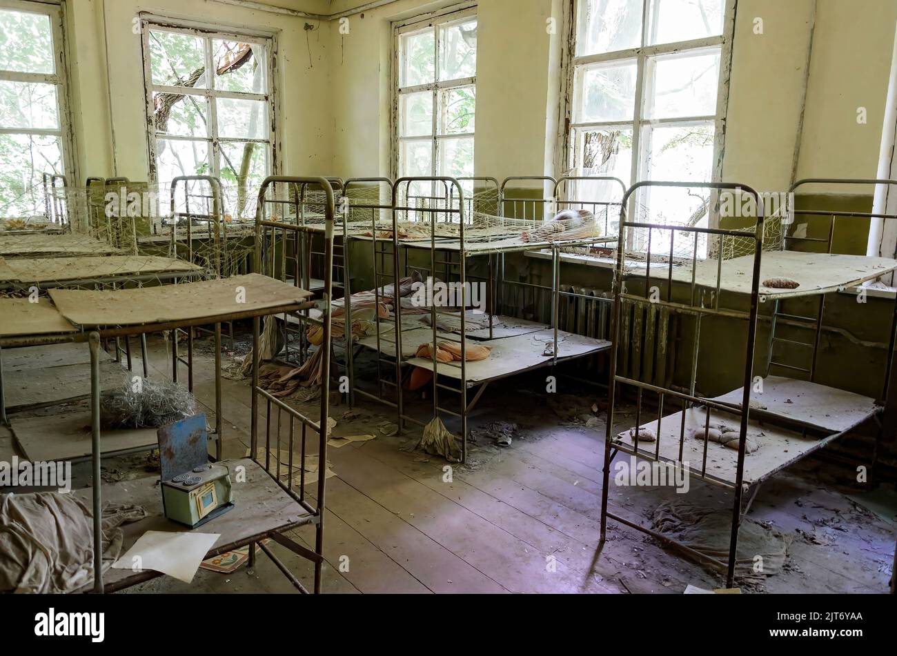 Children dormitory in Prypiat school, Chernobyl exclusion zone, Ukraine Stock Photo