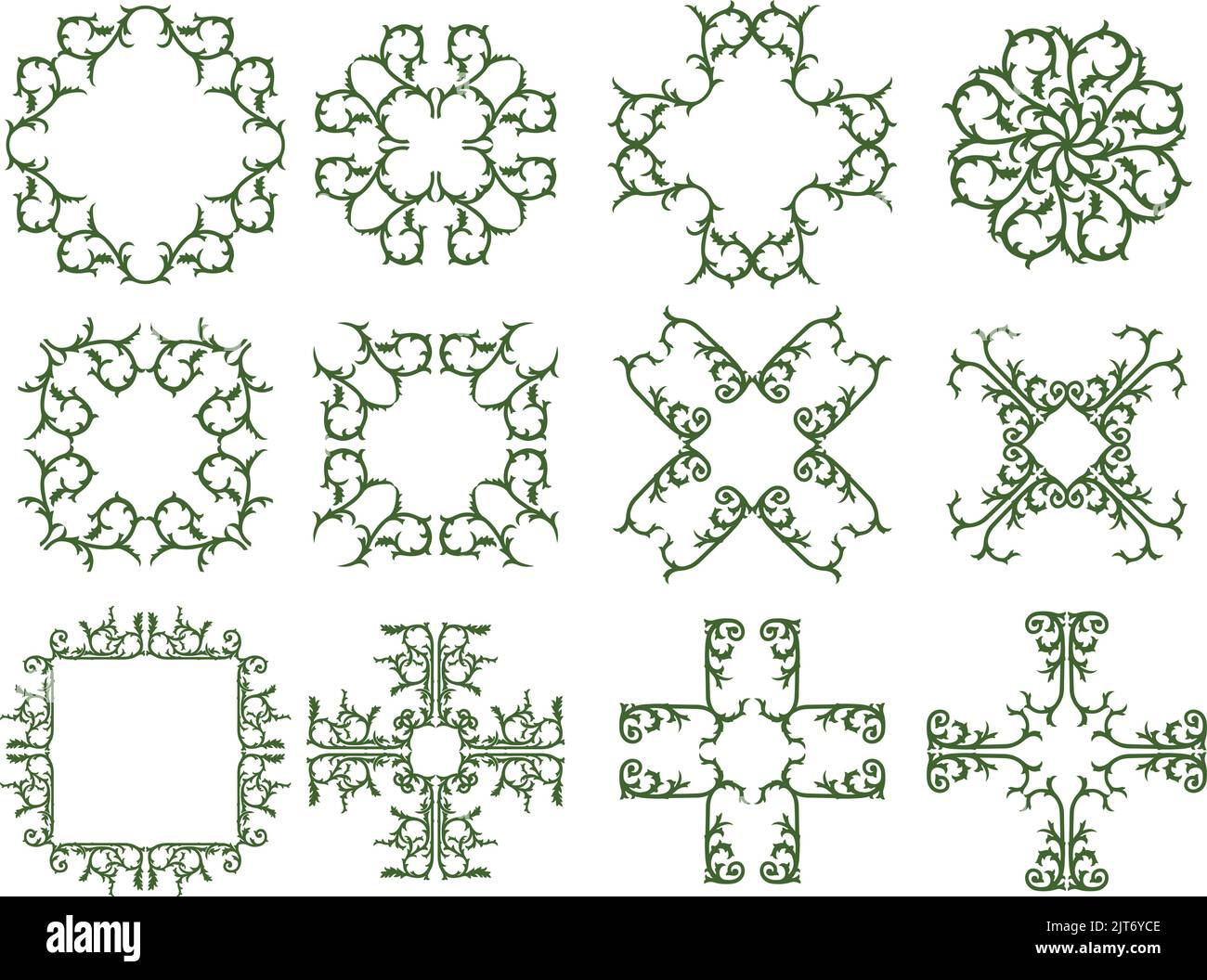 A set of vintage vector decorative floral thorny borders and frames. Stock Vector