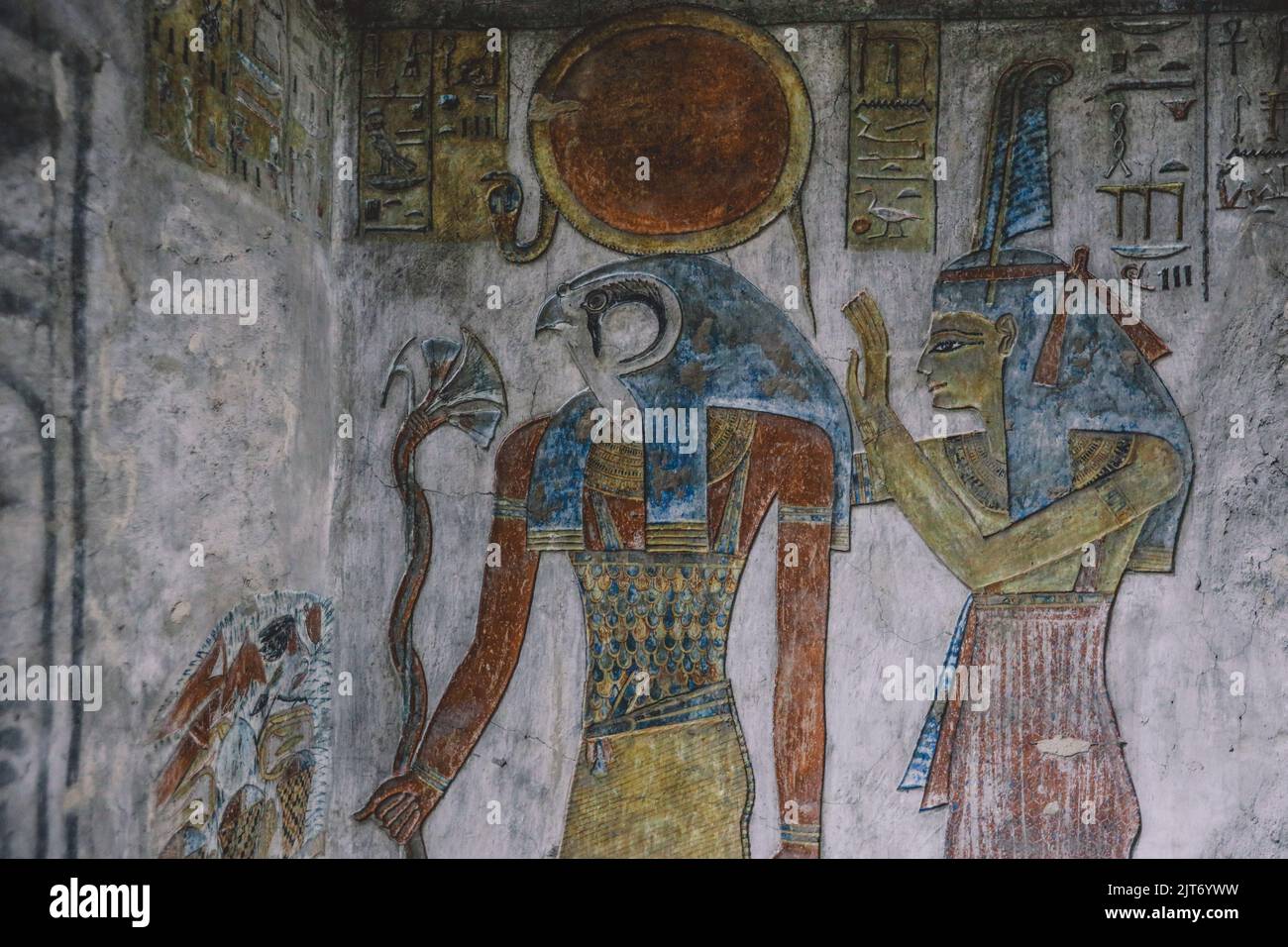 Ancient Egyptian Drawings inside the Pharaoh Tombs in the Valley of the Kings in Luxor, Egypt Stock Photo