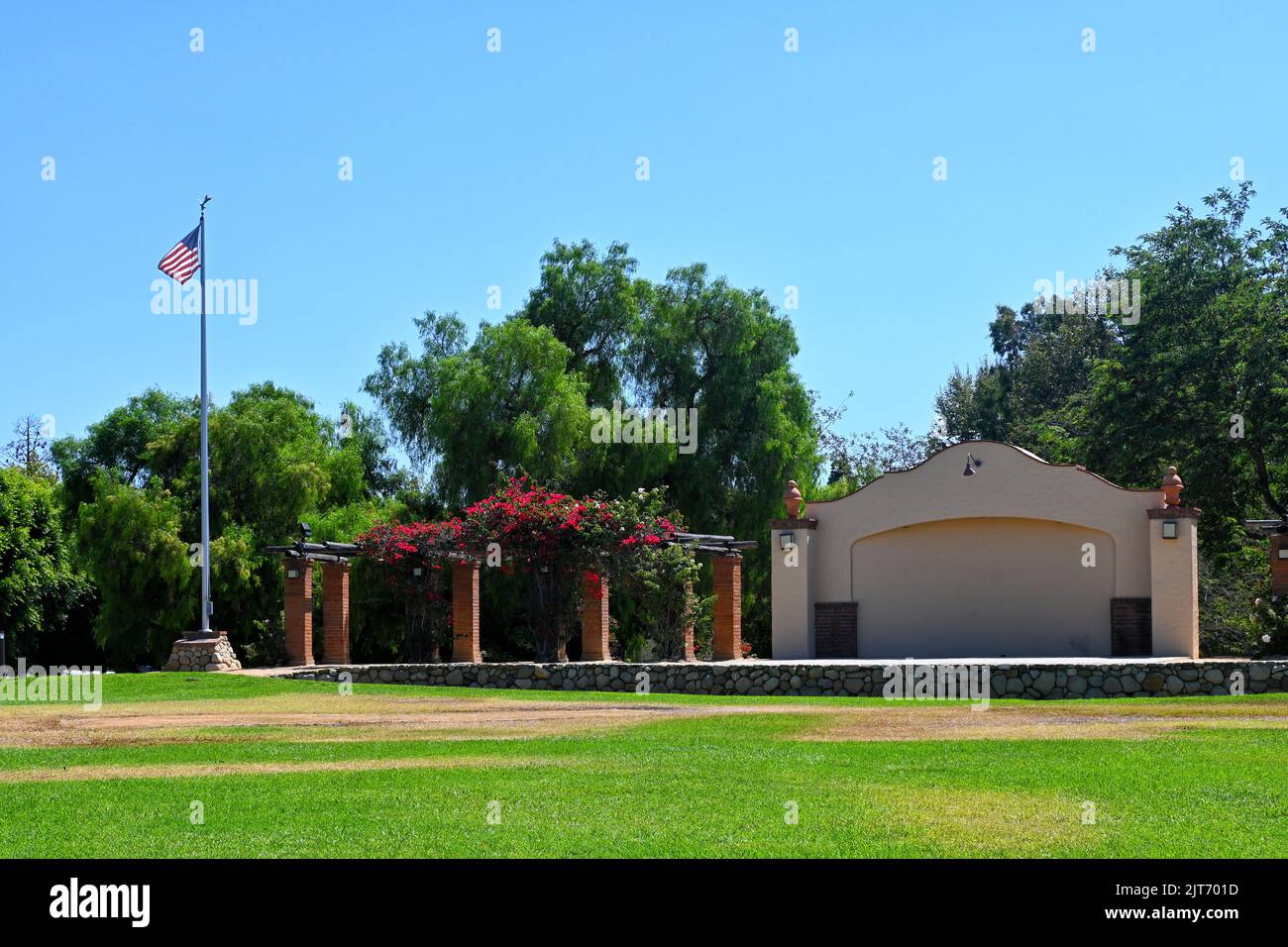 SAN JUAN CAPISTRANO, CALIFORNIA - 26 AUG 2022: Historic Town Center Park that hosts a Summer Concert Series and the Annual Tree Lighting Ceremony. Stock Photo