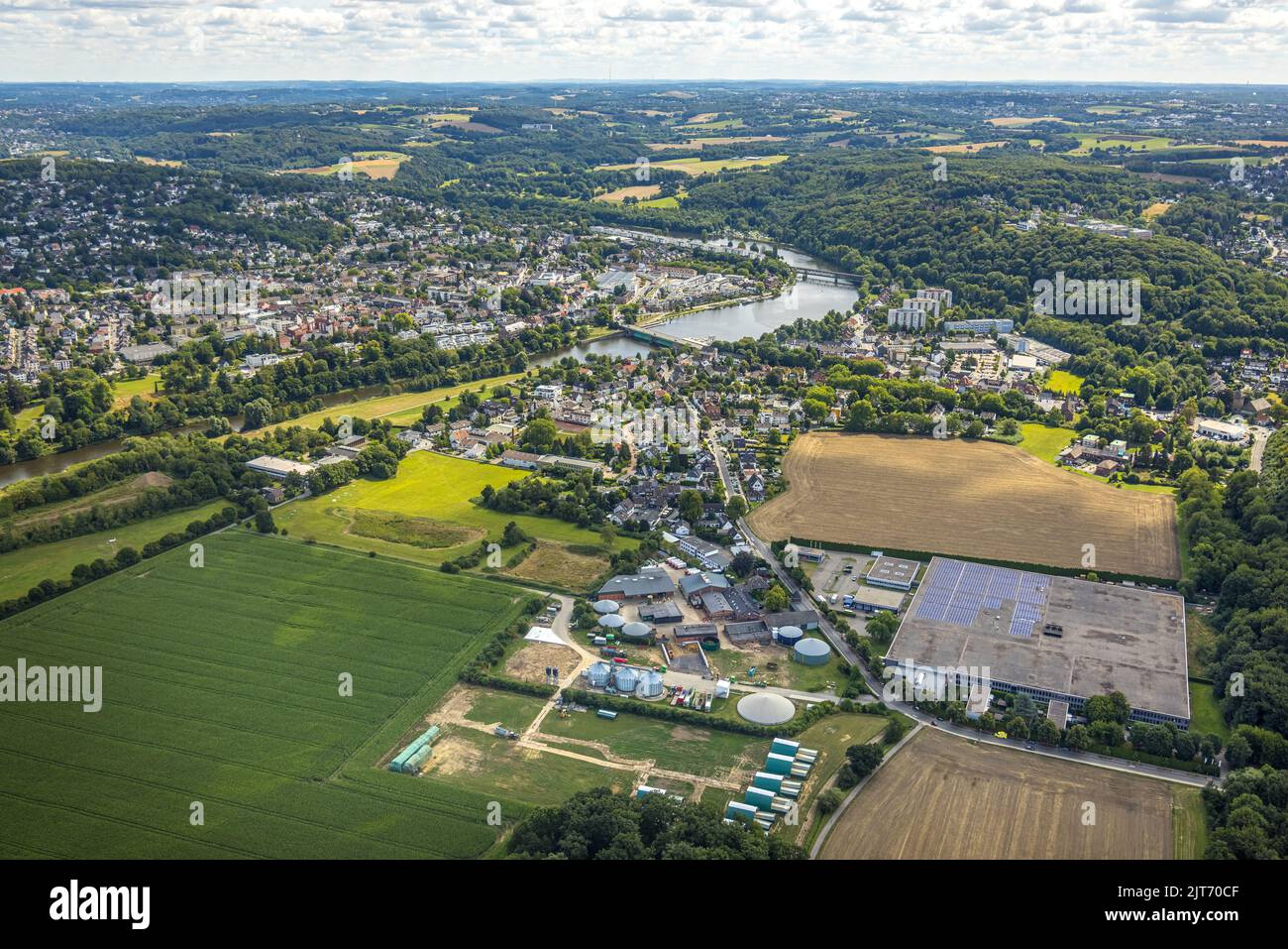 Aerial view, view district Kettwig with river Ruhr and lake Kettwiger See, housing estate at Landsberger Straße and Menden Buchstaben GmbH, Ruhrtaler Stock Photo
