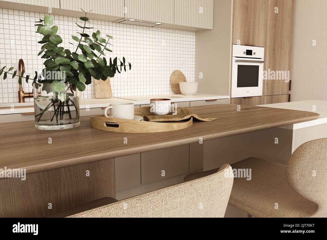 Close up view kitchen room interior with sink, oven and plant. Modern ...