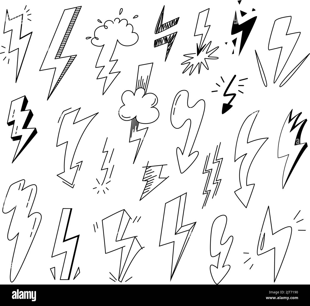 Black sketch lightning collection. Doodle flash thunder, scribble thunderbolts with grunge effect. Various energy electric battery classy vector Stock Vector