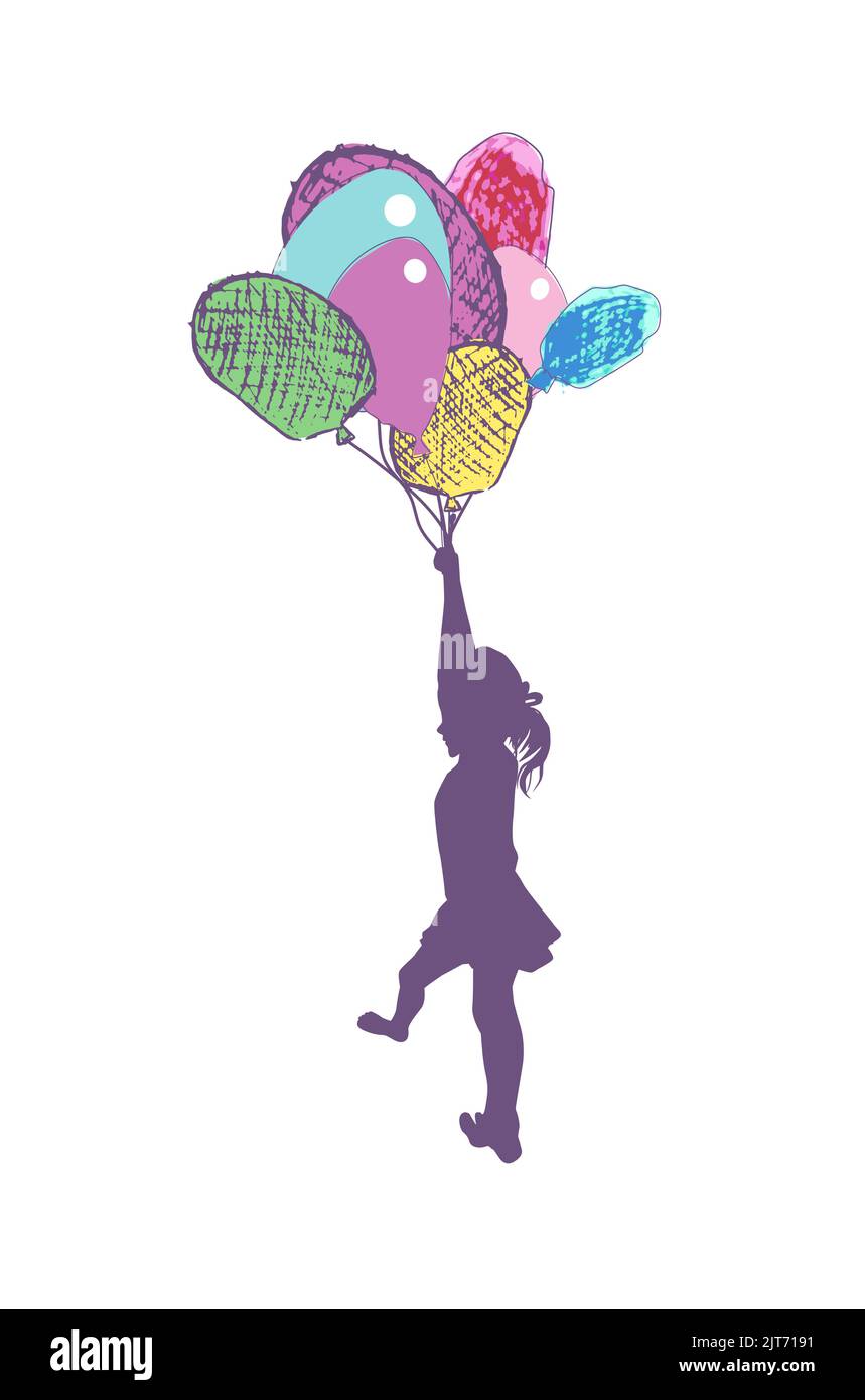 Silhouette of a girl flying in balloons. Vector illustration. Happy ...