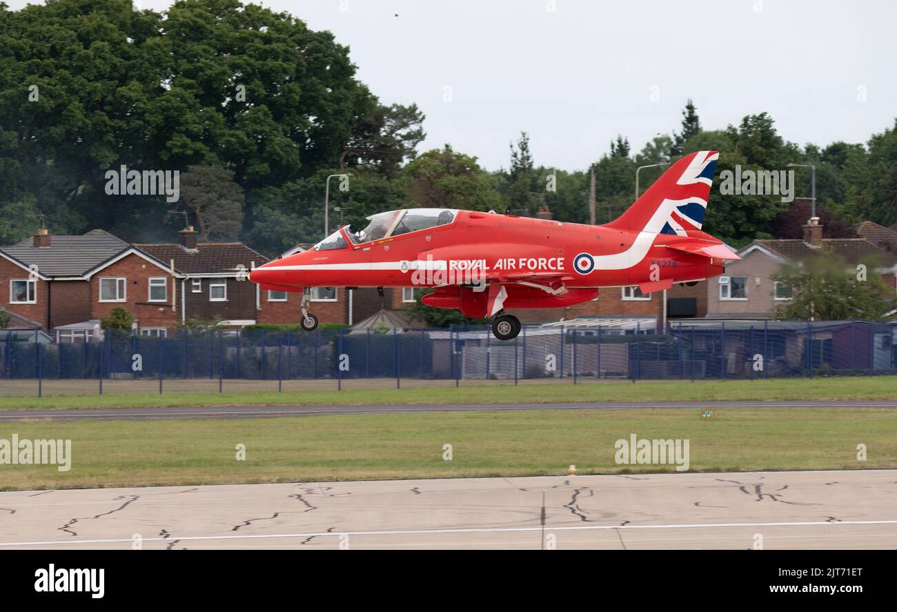 HAWARDEN, UK, 28TH AUGUST 2022: Red Arrow jet retuens to Hawarden airport with part of canopy missing following a bird strike Stock Photo