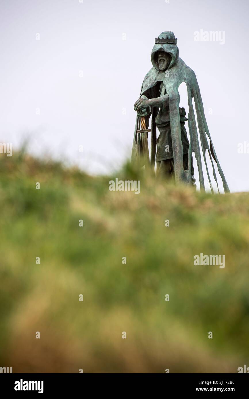 Bronze sculpture known as Gallos (the Cornish word for power) installed on the headland at Tintagel in Cornwall, England, UK. Stock Photo
