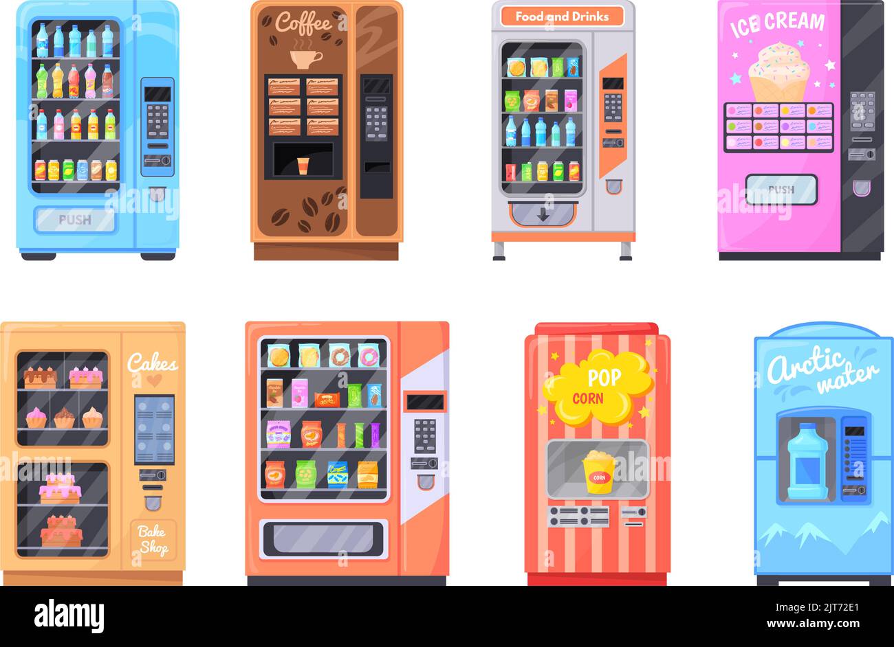 Cartoon vending machines. Automatic snacks machine bubblegum candies food bar, convenienc dispenser soda water drinks industry sell coffee beverage cartoon vector illustration of vending machine set Stock Vector