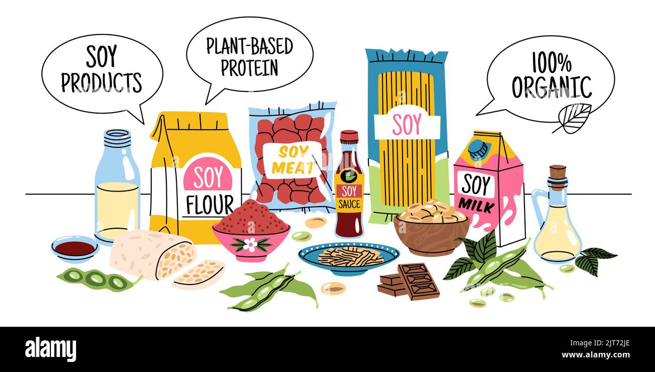 Cartoon soy products composition. Alternative vegan plant proteins