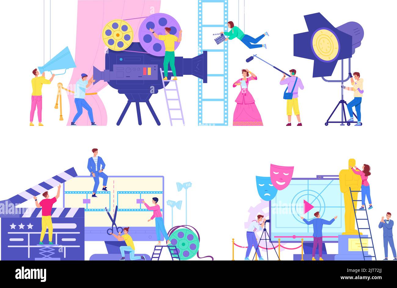 Filming team concept. Cinema production staff, making movie crew and film industry watch tv entertainment, cinematography shooting process cine maker, swanky vector illustration of movie cinema team Stock Vector