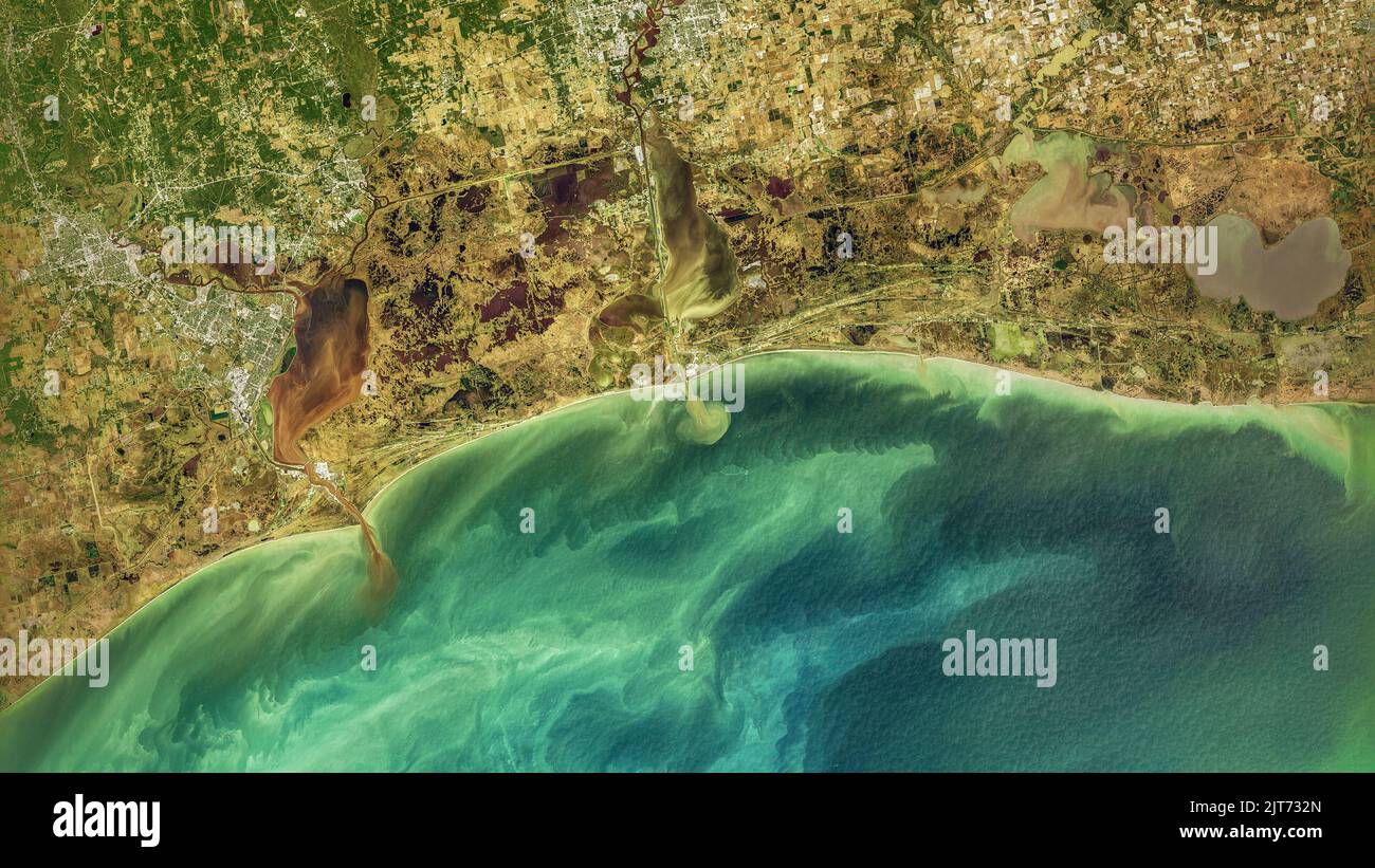 Aerial view of Sabine Pass on the border between Louisiana and Texas Stock Photo
