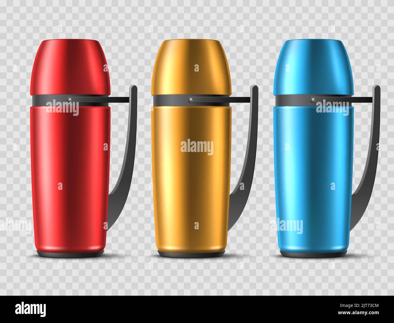 Realistic thermos. Different colors 3d hiking flasks with plastic
