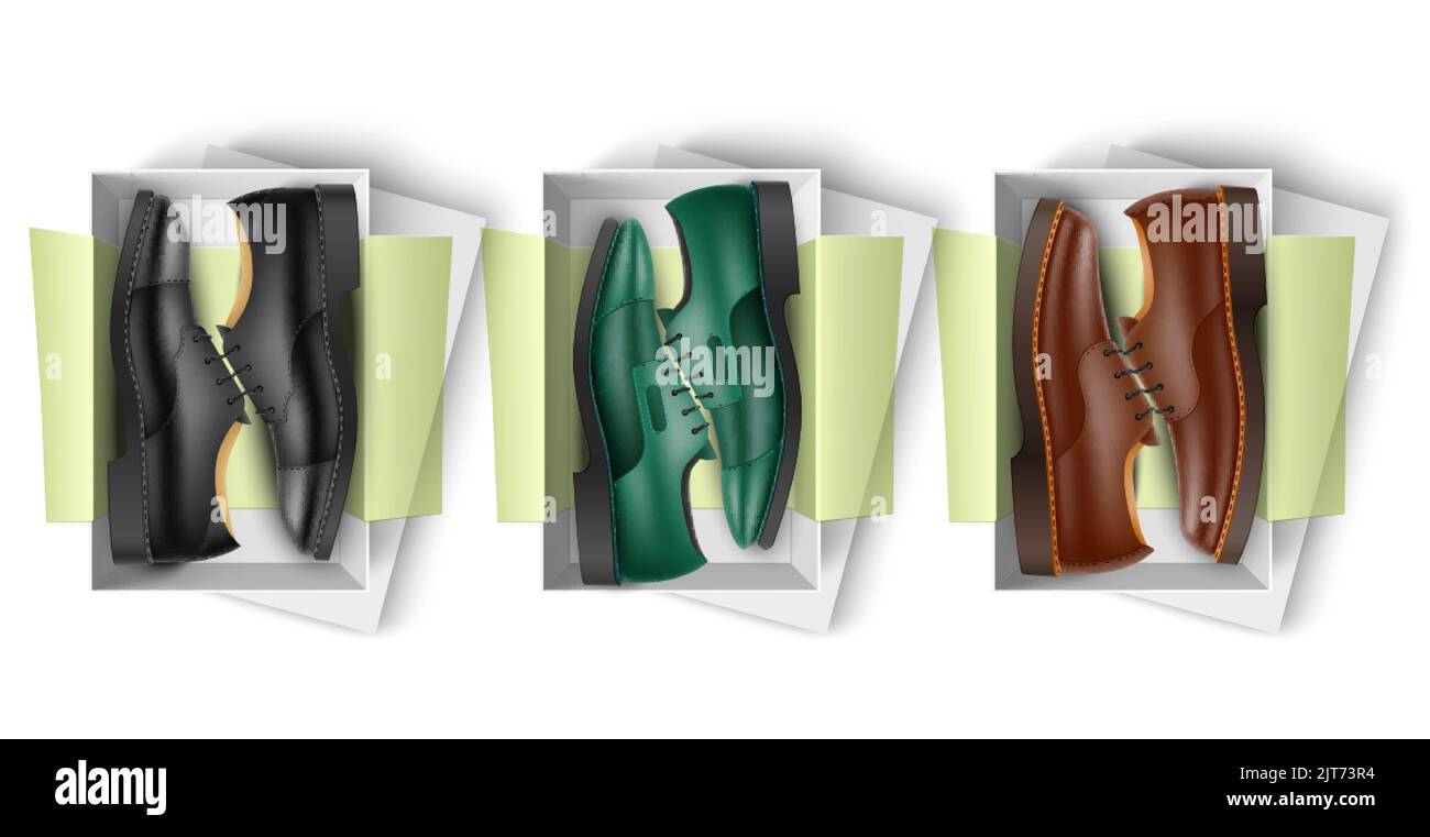 Shoes box. Realistic classic male footwear in open shoe cardboard