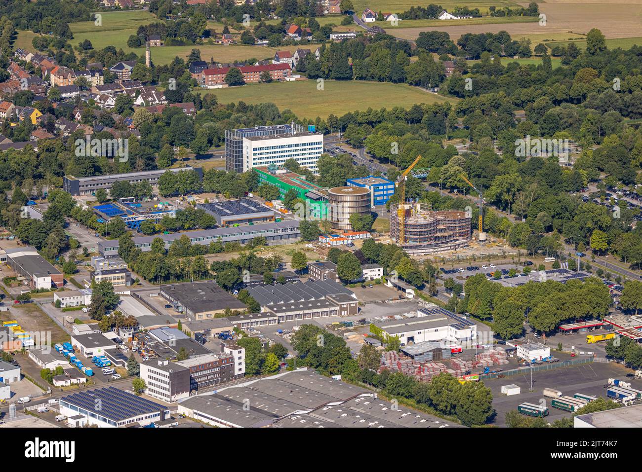 Aerial view, Gelsenwasser AG water supply company and construction site