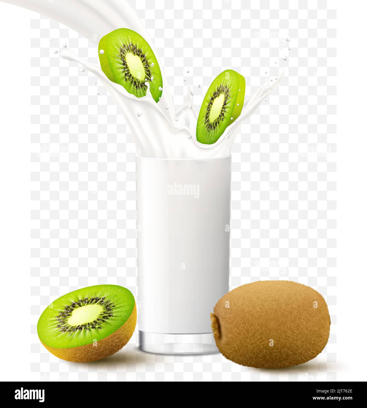 Kiwi fruit slices falling in a glass of milk or yogurt. Fruit milkshake advertising banner, yogurt jet, white drink in glass cup, Realistic 3d vector Stock Vector