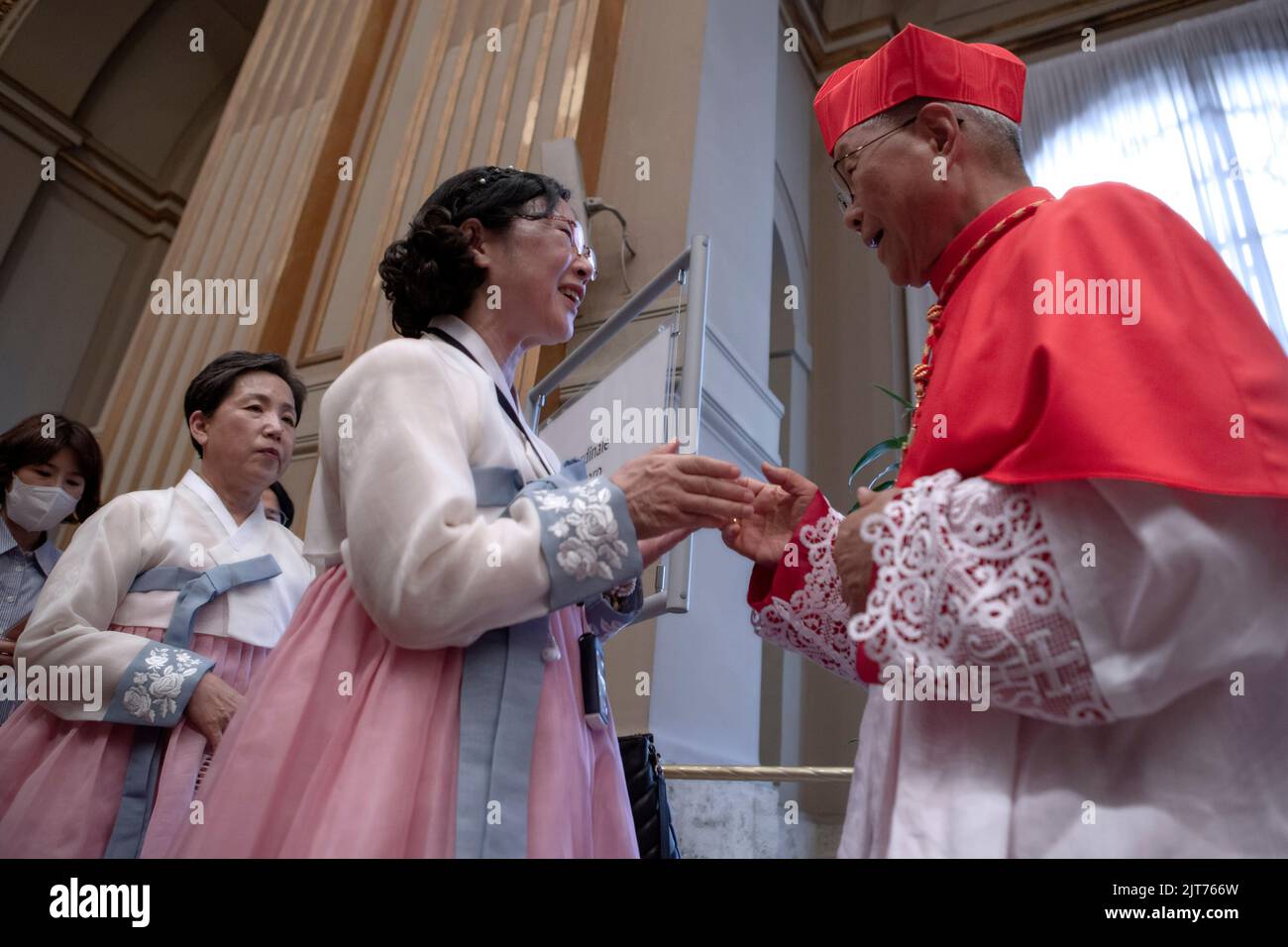 Vatican City, Vatican, 27 August 2022.  The newly elected cardinal Lazzaro You Heung Sik greets g the faithful  during courtesy visits to the Vatican after a consistory inside St. Peter's Basilica. Credit: Maria Grazia Picciarella/Alamy Live News Stock Photo