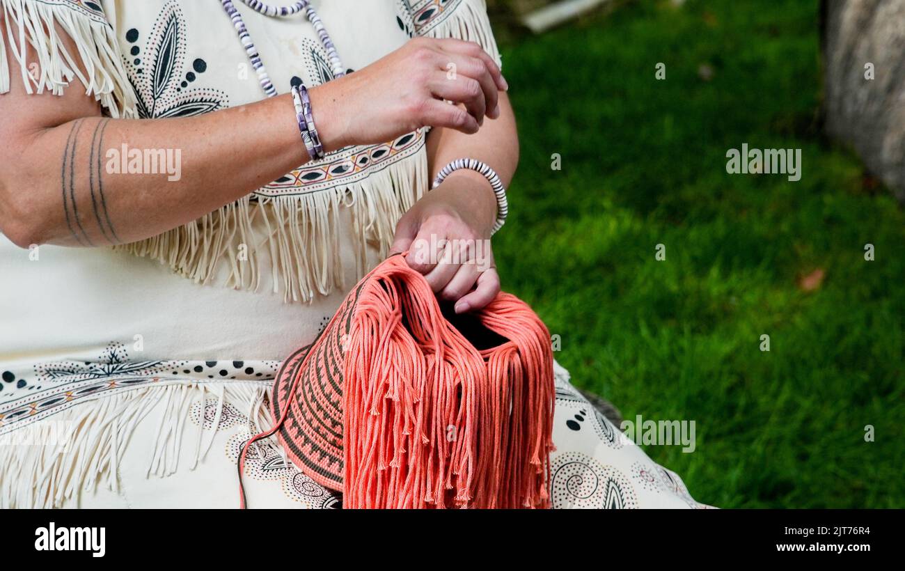 MASHANTUCKET RESERVATION, CT, USA-AUGUST 27, 2022:  Schemitzun : Feast Of green corn and dance. Hand - crafted native american basket close up Stock Photo