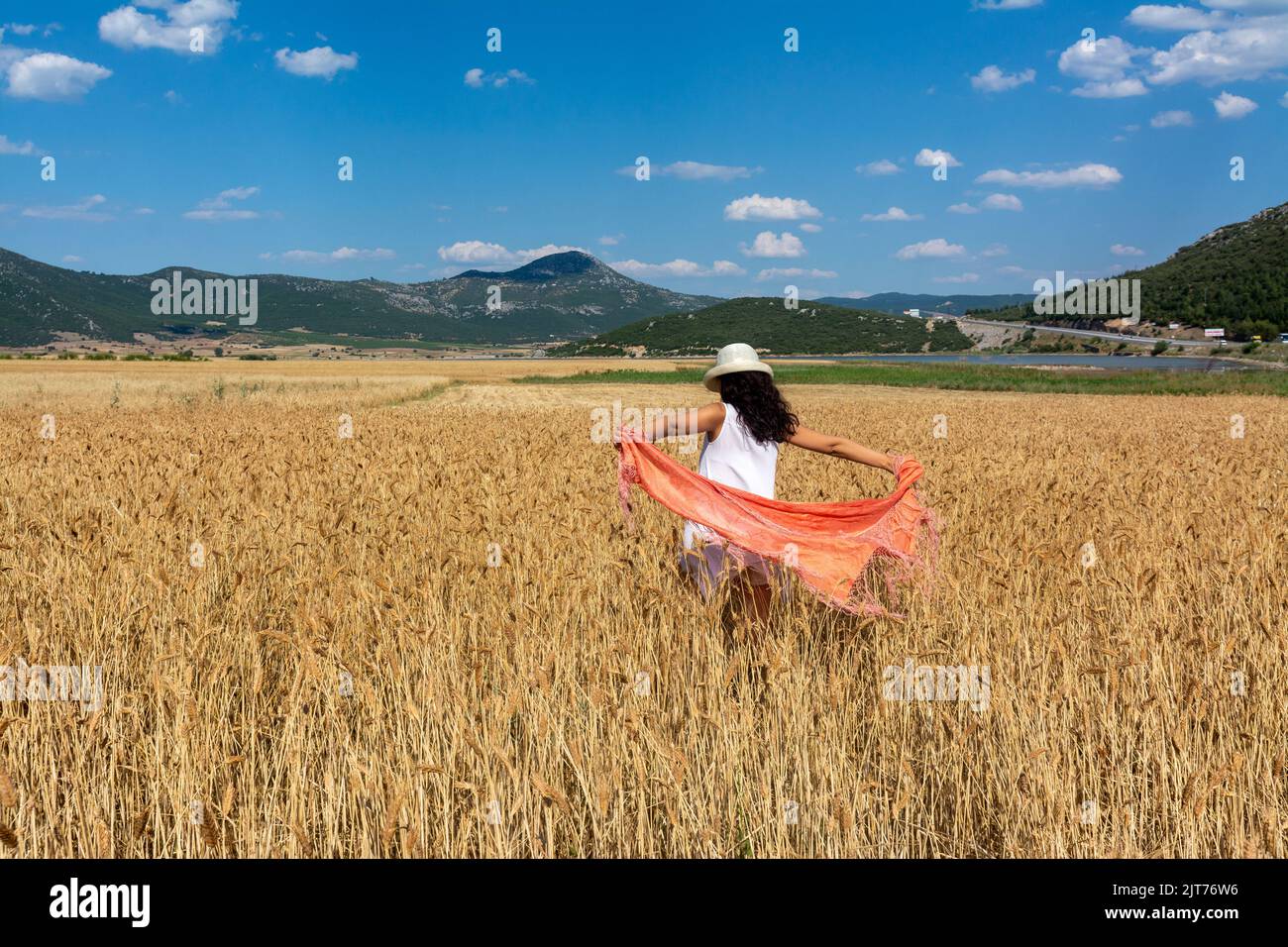 A young woman in a white hat in a wheat field Stock Photo