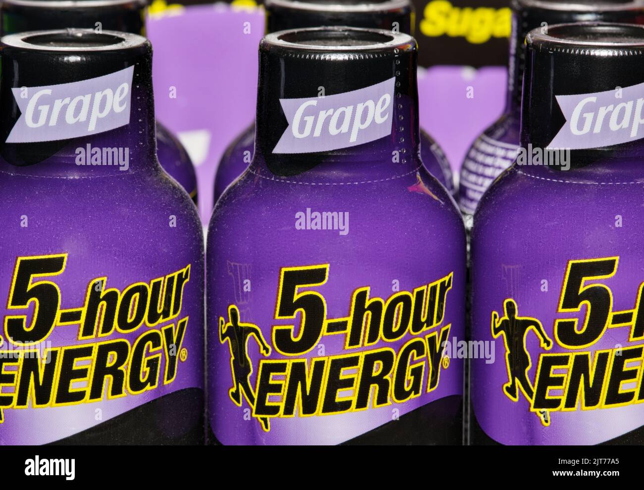 Houston, Texas USA 08-07-2022: 5-hour energy shot drinks, grape flavor closeup on a supermarket display. Manufactured by Living Essentials LLC company Stock Photo