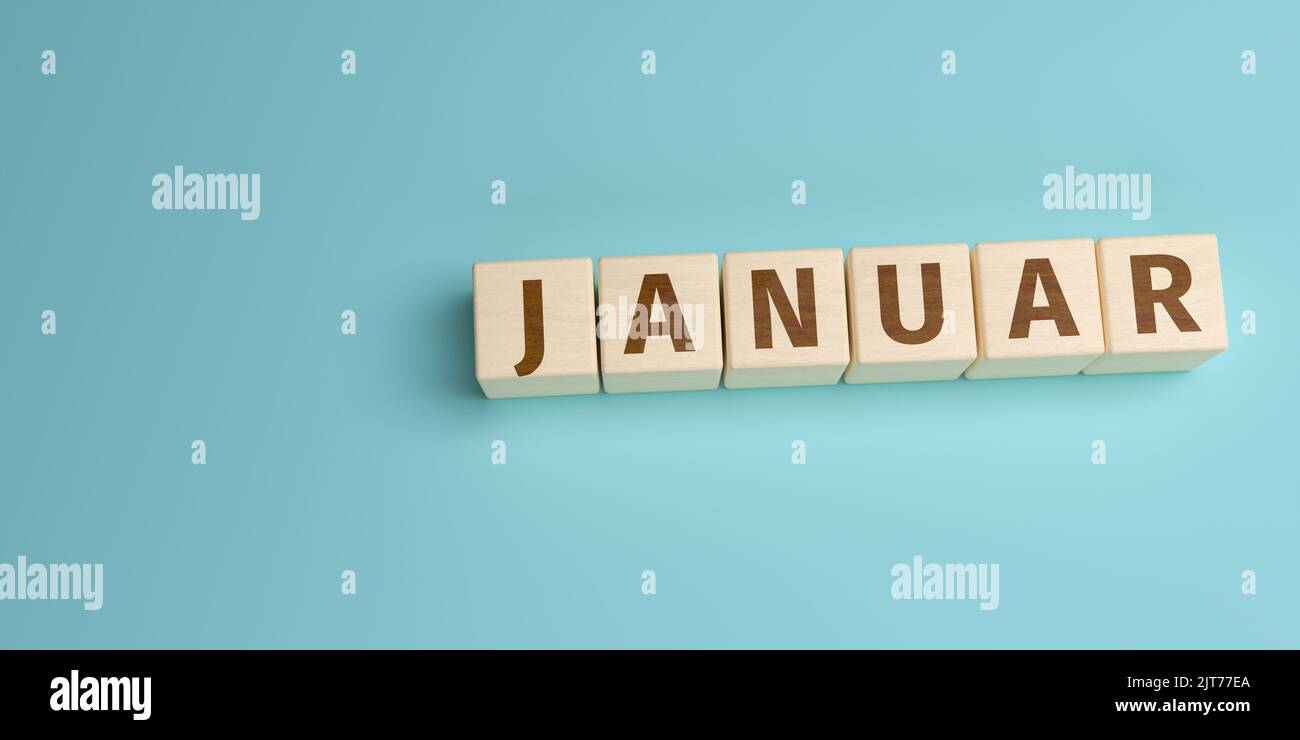 The German word Januar built from letters on wooden cubes. High angle view with copy space Stock Photo