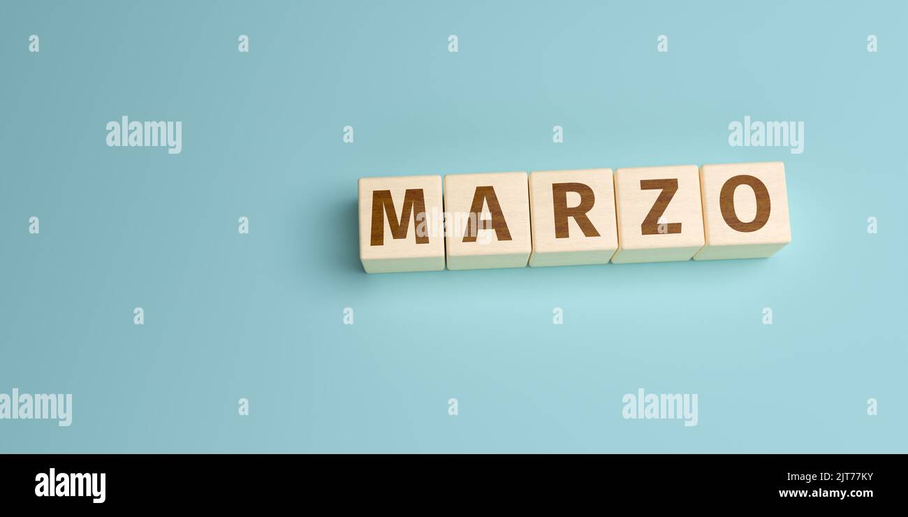 The Spanish word Marzo (March) built from letters on wooden cubes. High angle view with copy space Stock Photo