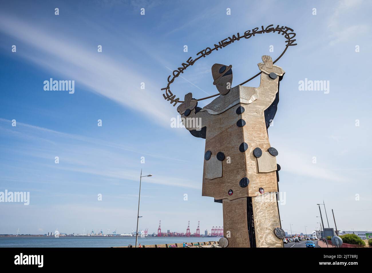 The Welcome to New Brighton statue (created by Joan Ellis in 2001) seen marking the entrance to the seaside town on the Wirral near Liverpool seen in Stock Photo