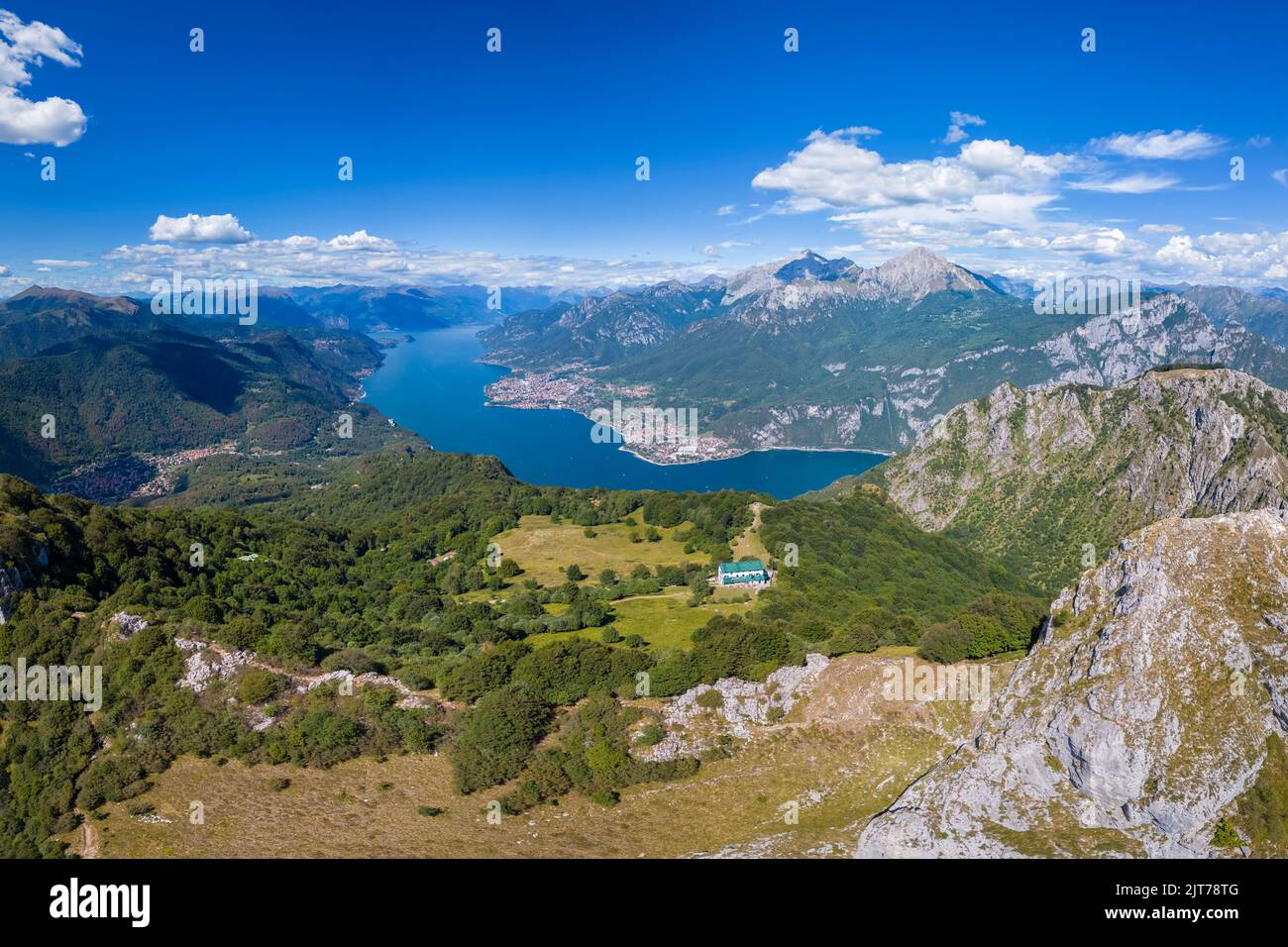 Aerial view of Rifugio Sev dominating on Como Lake and located below Corni di Canzo mountains. Valbrona, Como district, Lombardy, Italy, Europe. Stock Photo