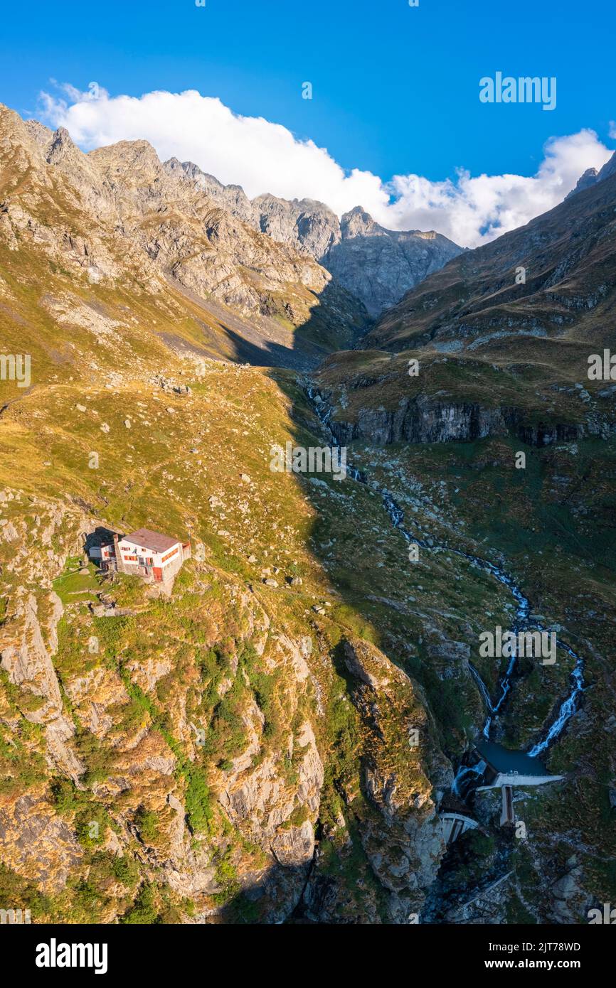 Aerial view of Rifugio Sev dominating on Como Lake and located below Corni di Canzo mountains. Valbrona, Como district, Lombardy, Italy, Europe. Stock Photo