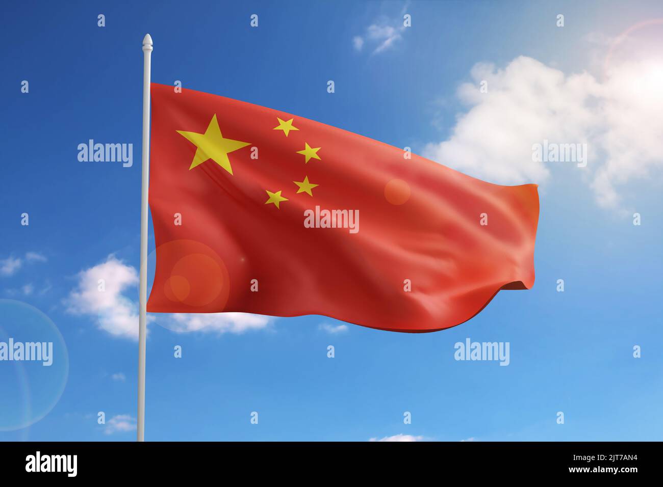 Flag of People's Republic of China on blue sky. 3d illustration. Stock Photo