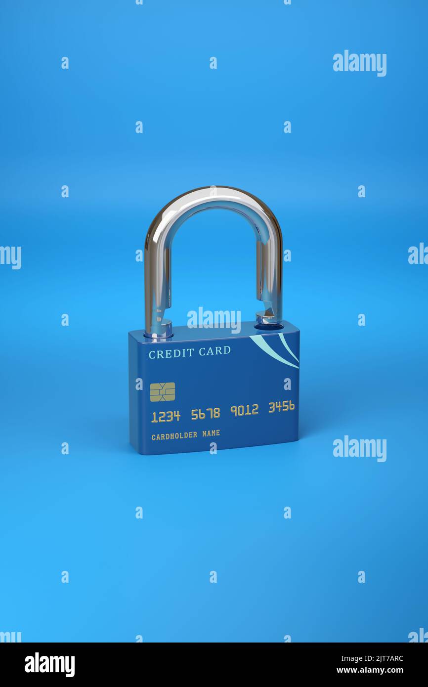 Credit card in the shape of an open padlock. Security concept isolated on blue background. 3d illustration. Stock Photo