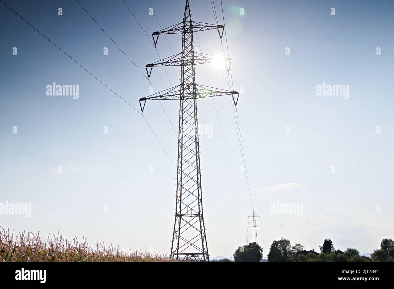 Electricity pylon in backlight Stock Photo