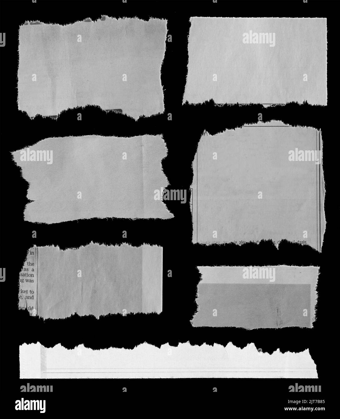 Seven pieces of torn newspaper on black background Stock Photo